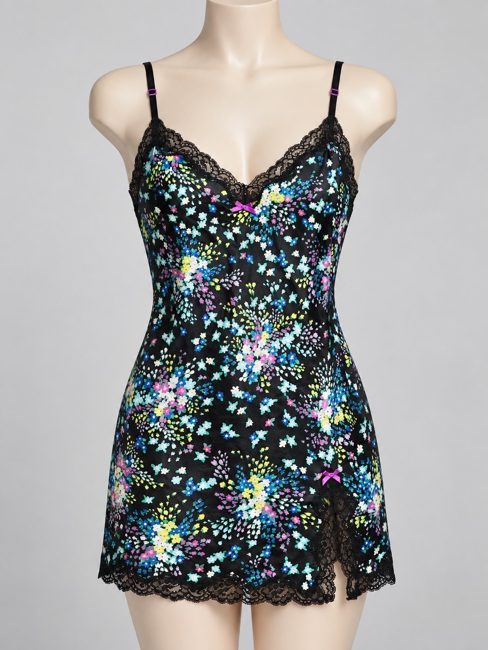 Victoria's Secret Black Floral Lace-Trim Slip Chemise